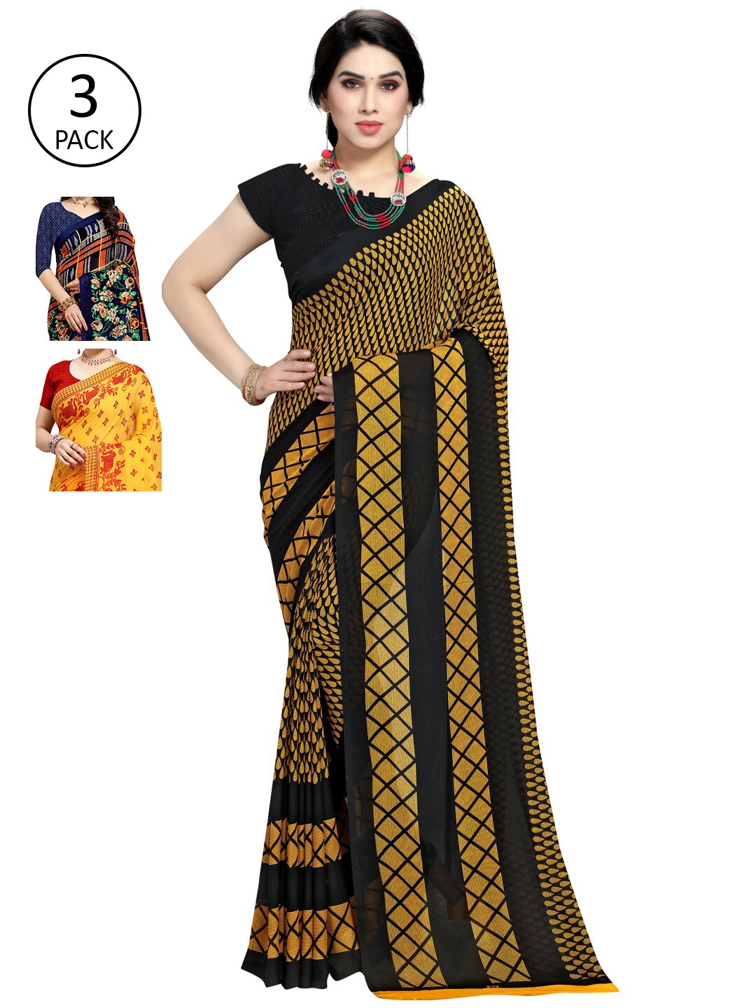 

KALINI Pack of 3 Ethnic Motifs Poly Georgette Saree, Yellow