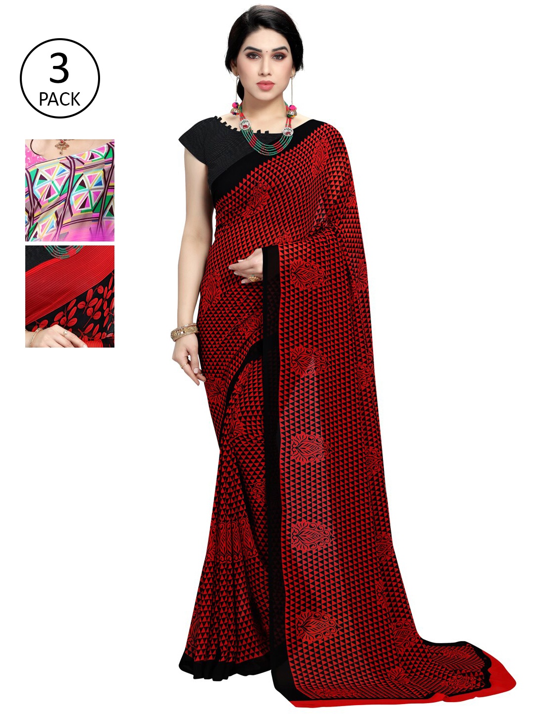 

KALINI Women Pack of 3 Poly Georgette Sarees, Pink