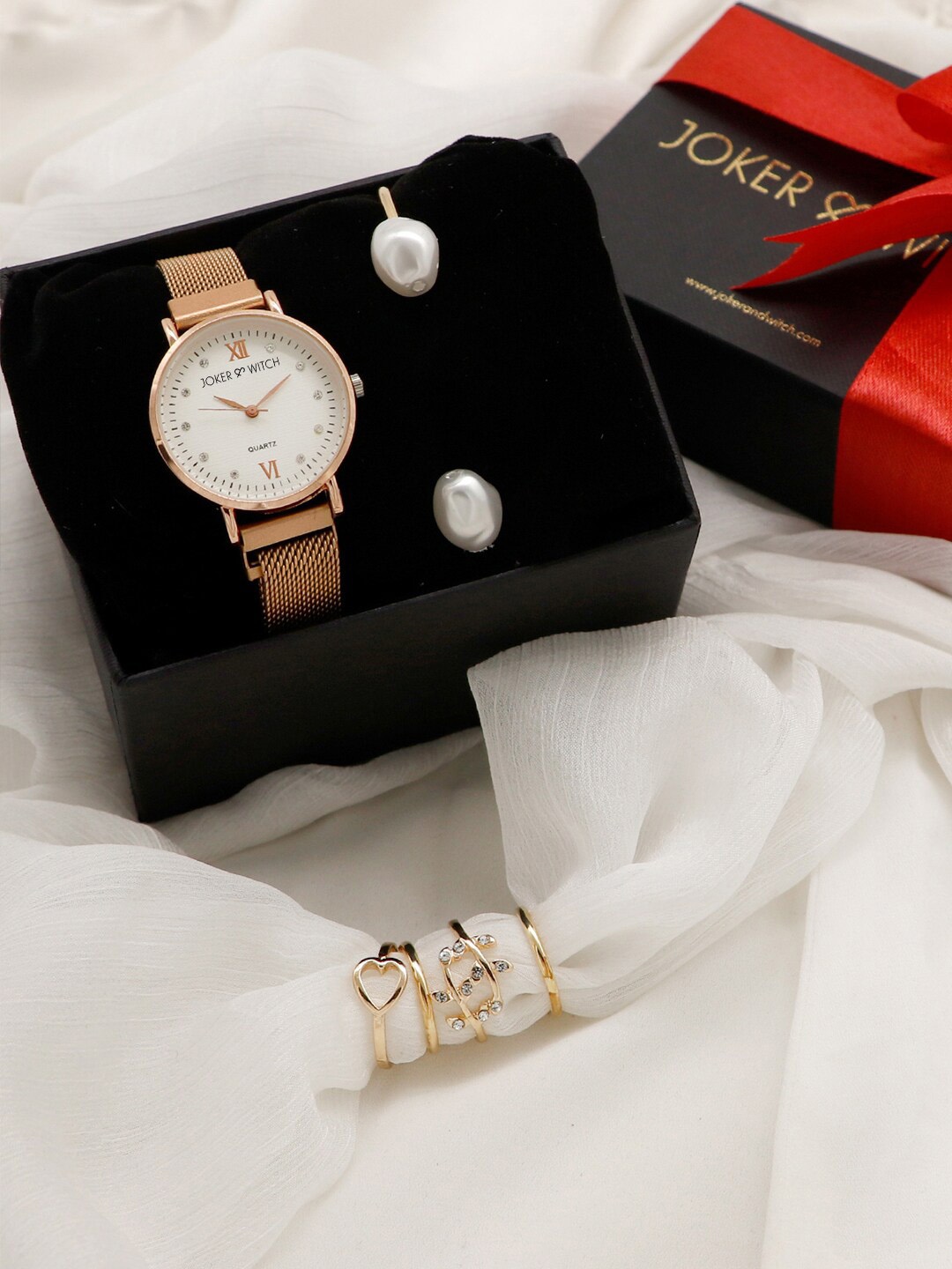 JOKER & WITCH Women White & Gold-Toned Cherish Love Triangle Watch Gift Set JWLT10
