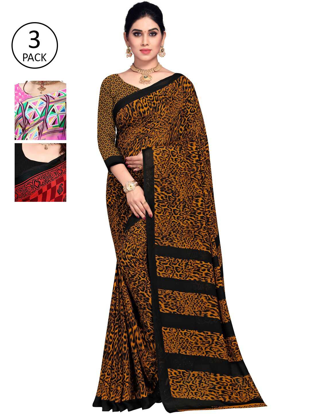 

KALINI Pack of 3 Printed Poly Georgette Saree, Red