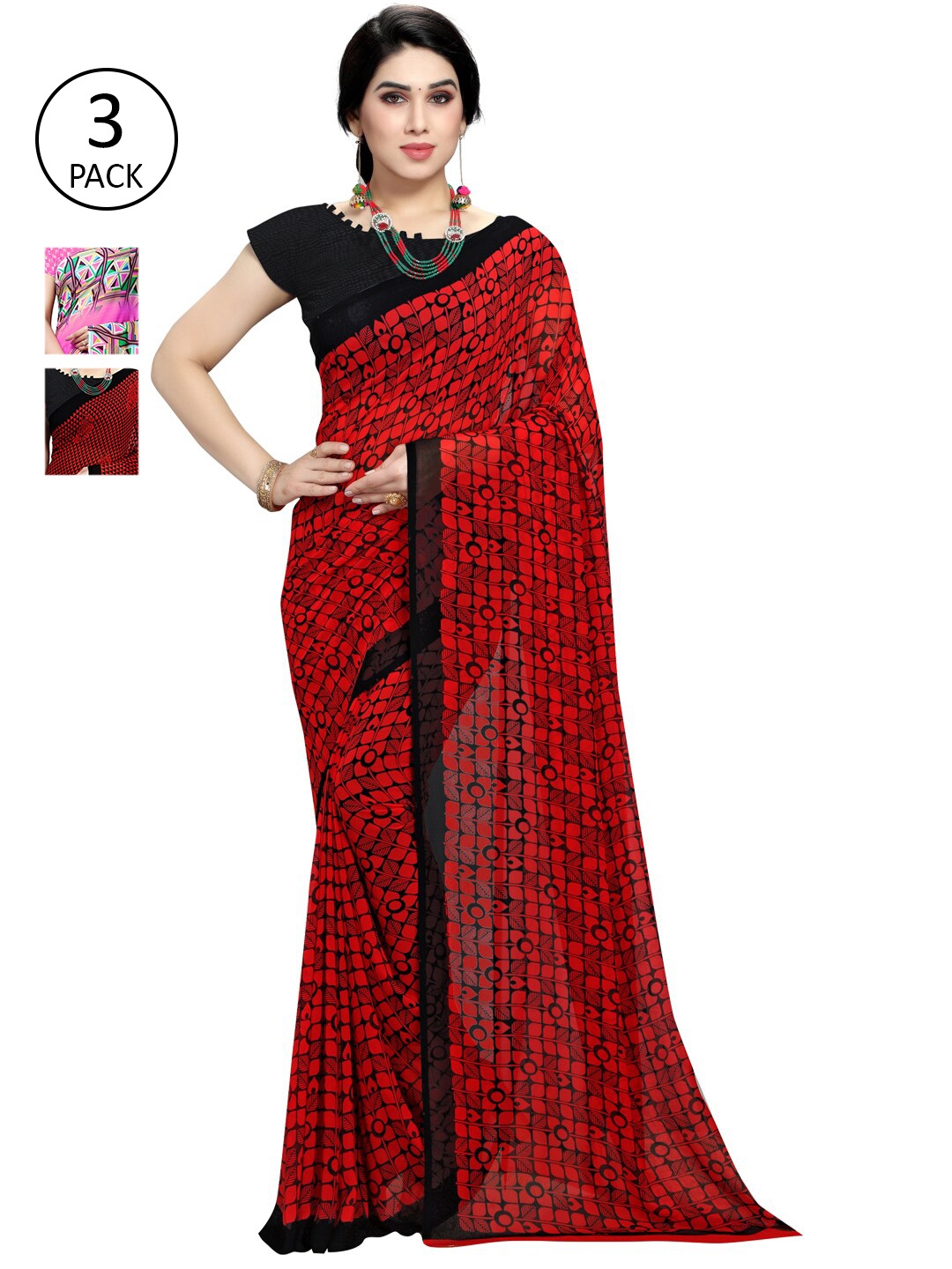 

KALINI Pack Of 3 Poly Georgette Printed Sarees, Pink