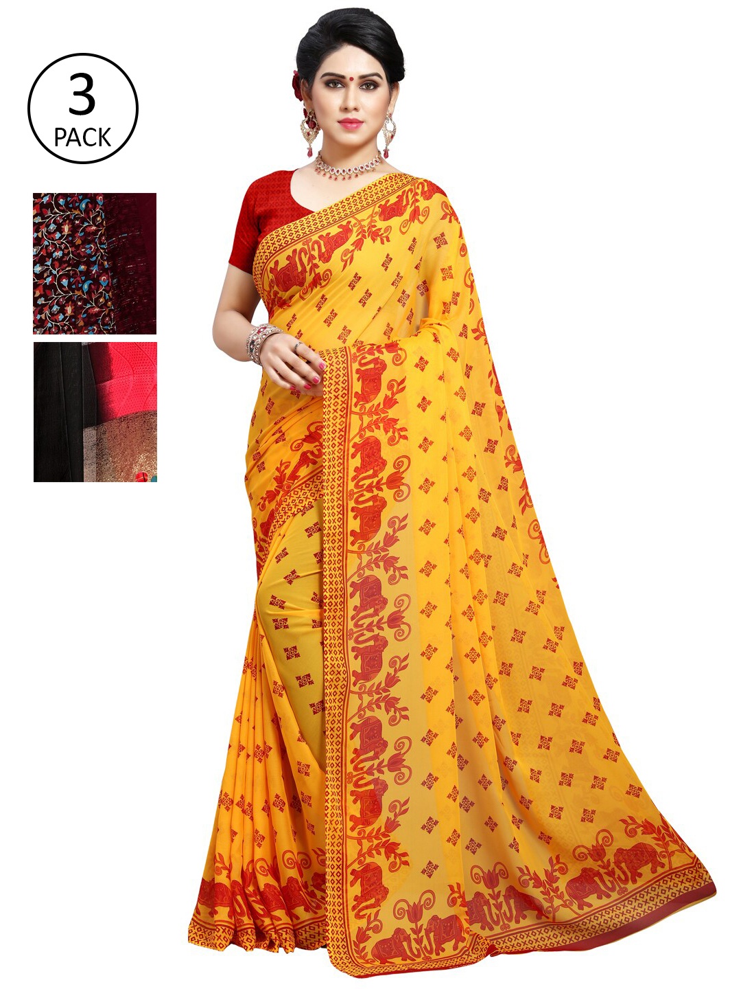 

ANAND SAREES Pack Of 3 Maroon & Rose Ethnic Motifs Saree