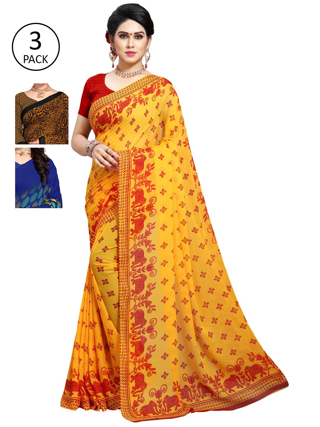 

ANAND SAREES Pack Of 3 Ethnic Motifs Sarees, Yellow