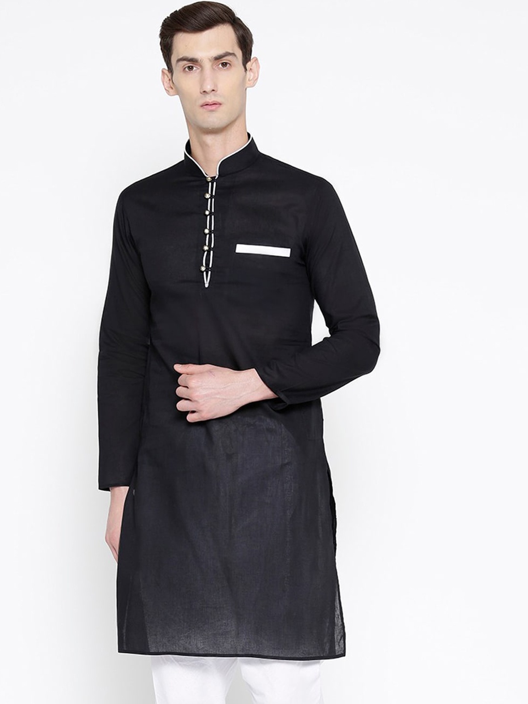 

SG LEMAN Men Black Solid Pure Cotton Straight Kurta