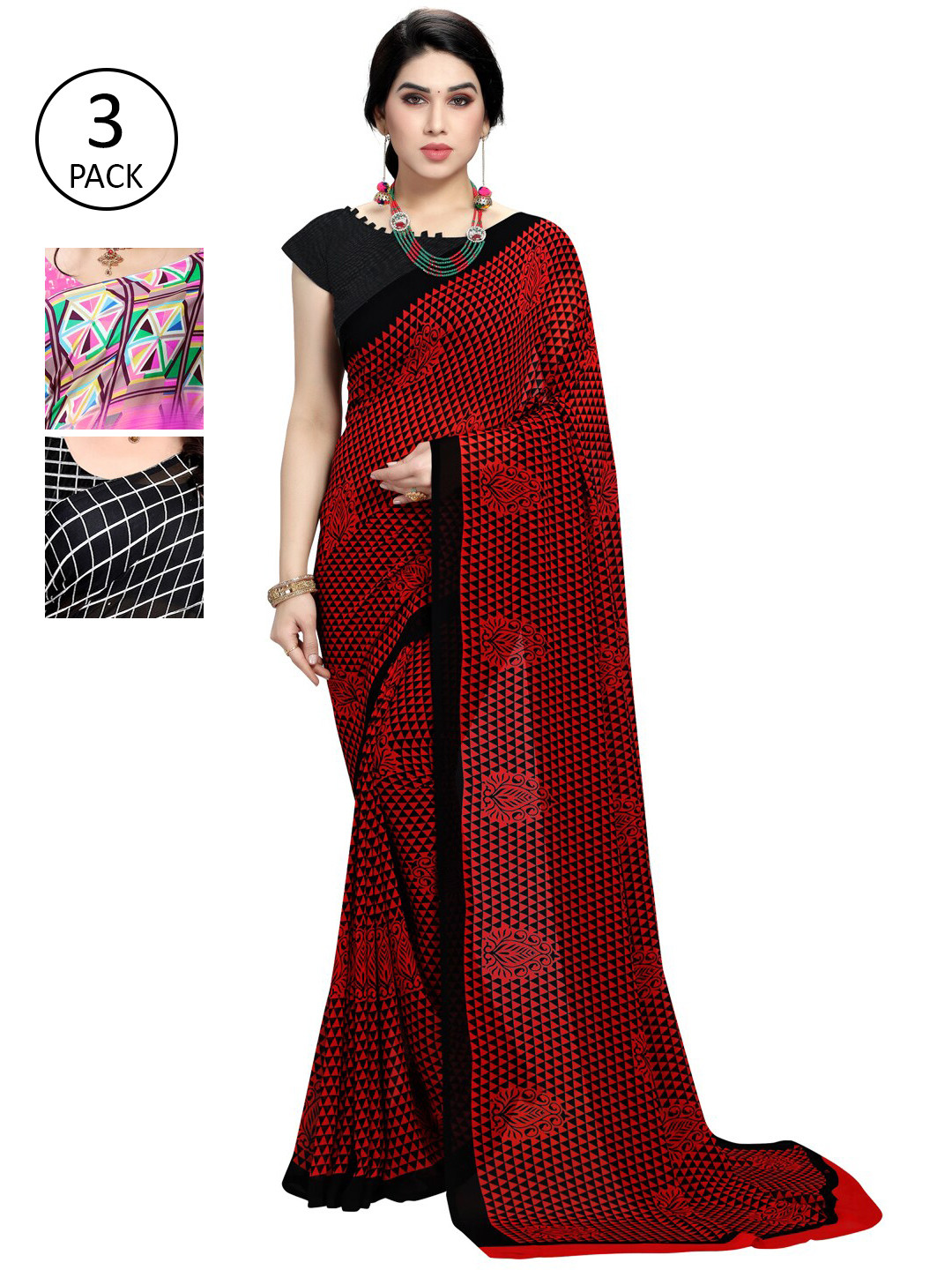 

KALINI Pack of 3 Printed Poly Georgette Saree, Red