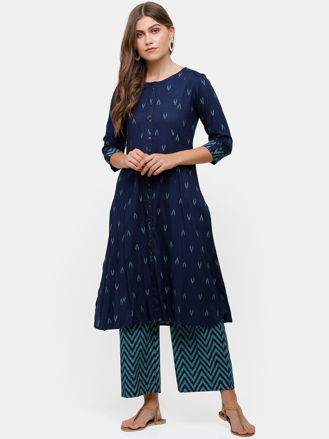 

IMARA Women Navy Blue Printed Panelled Kurta with Palazzos