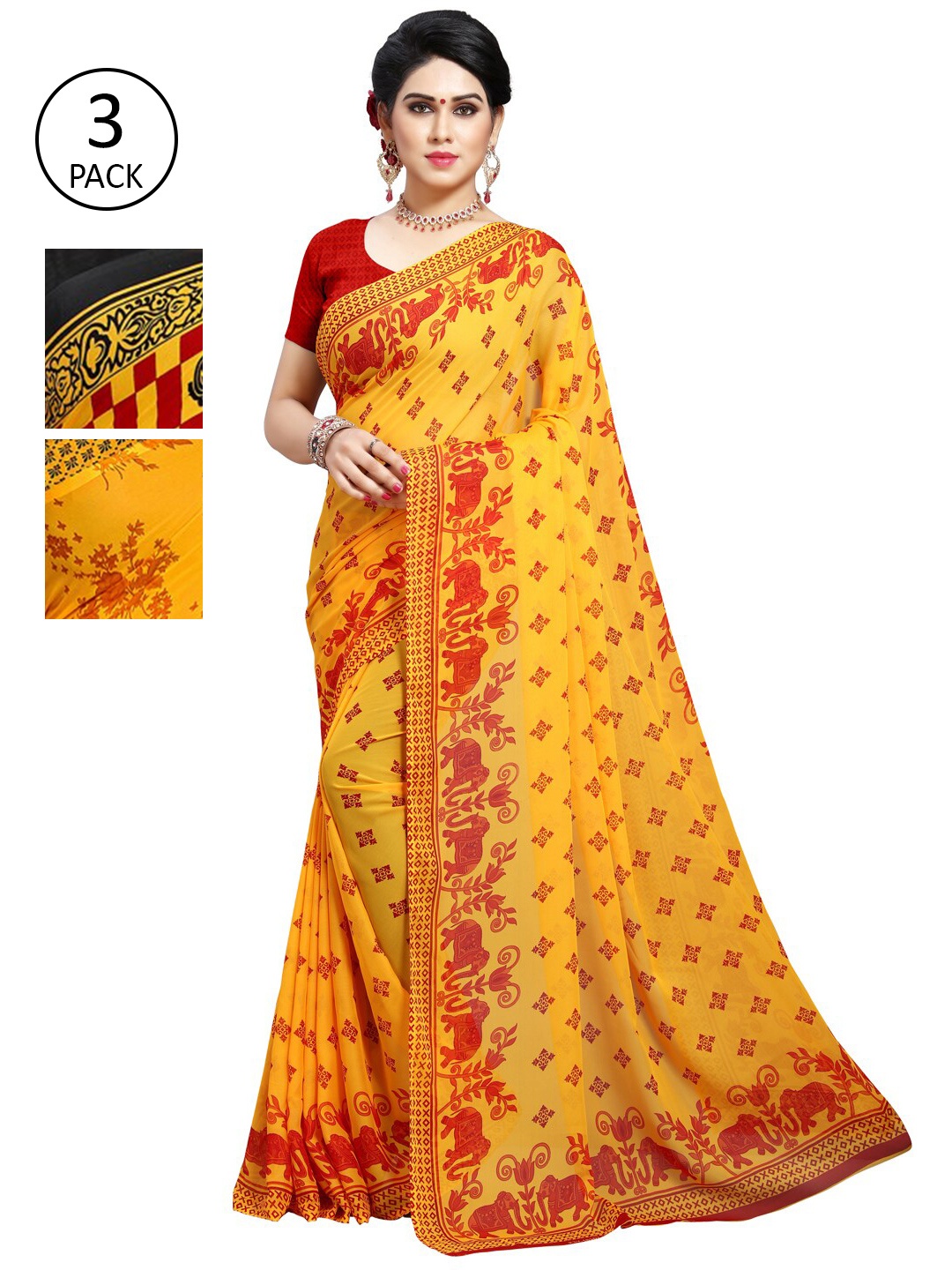 

KALINI Pack Of 3 Yellow & Black Saree
