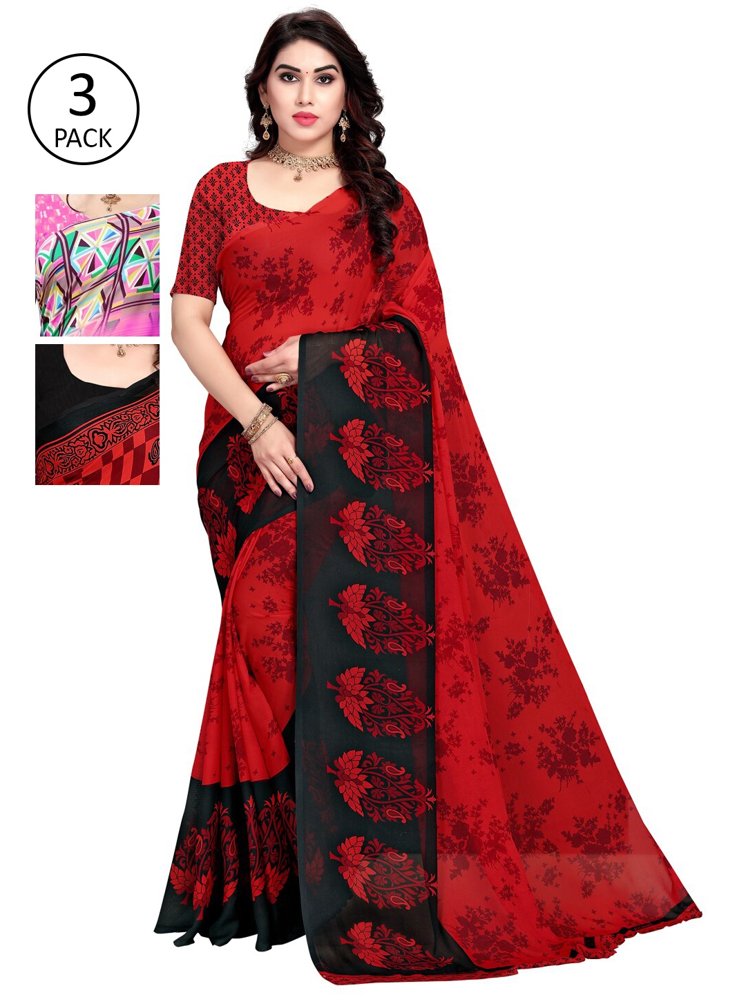 

KALINI Pink & Red Floral Pack of 3 Saree