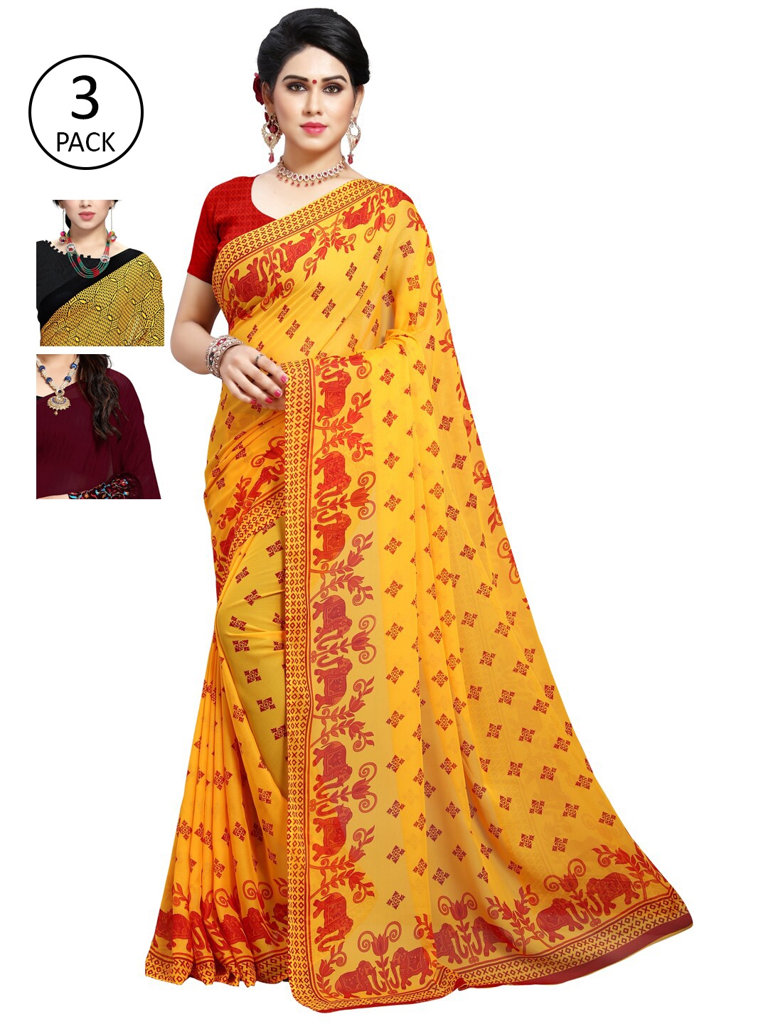 

KALINI Pack of 3 Ethnic Motifs Poly Georgette Saree, Yellow
