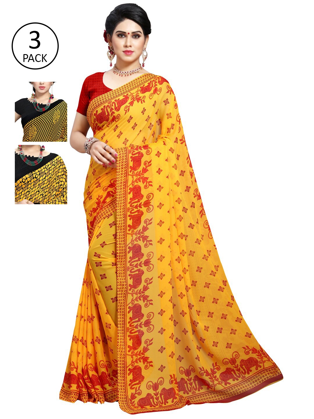 

KALINI Pack Of 3 Floral Sarees, Yellow