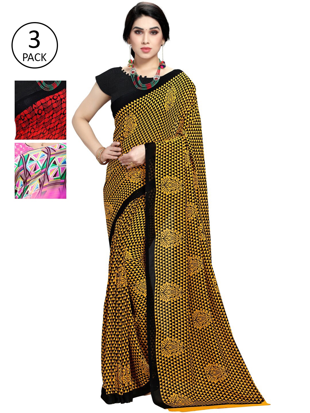 

KALINI Pack Of 3 Red & Black Saree