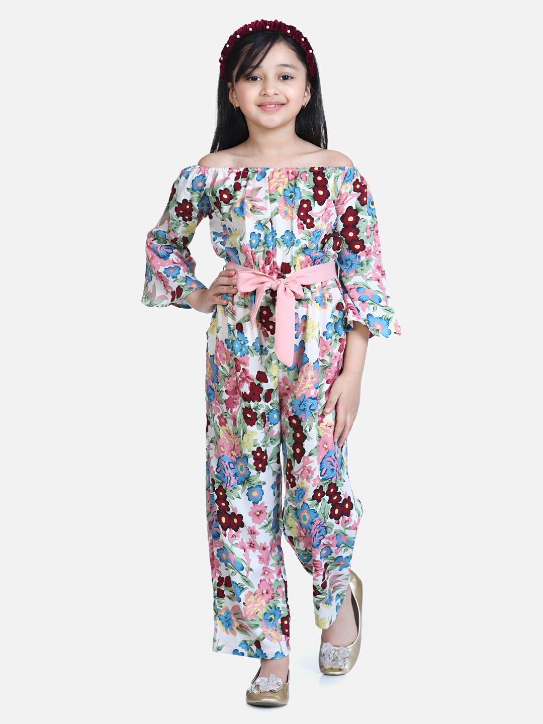 

StyleStone Girls Blue & White Off-Shoulder Printed Basic Jumpsuit