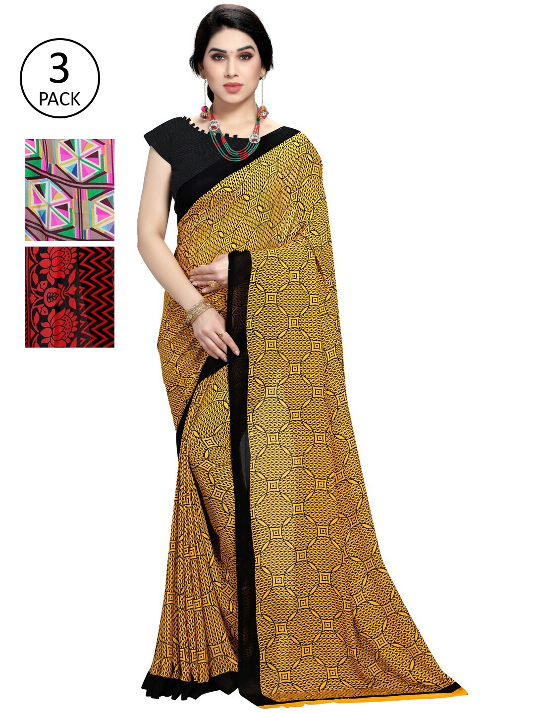 

KALINI Pack of 3 Printed Poly Georgette Saree, Multi