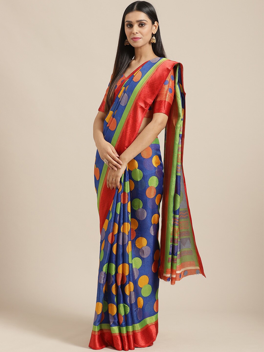 

Saree mall Blue & Red Brasso Ethnic Printed Casual Saree with Matching Blouse