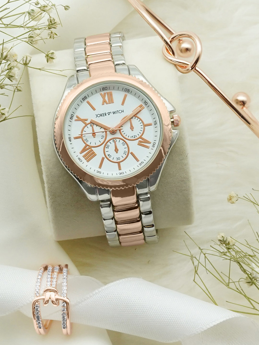 

JOKER & WITCH Women White & Rose Gold-Toned Love Triangle Watch Gift Set-JWLT209