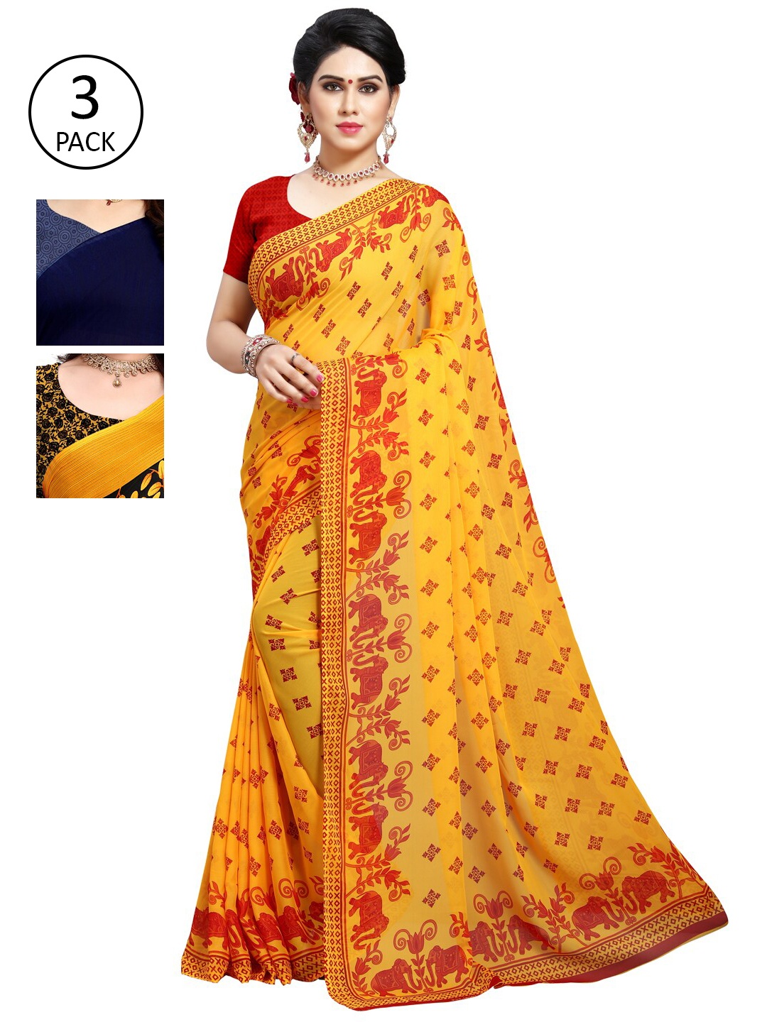 

KALINI Pack of 3 Poly Georgette Sarees, Yellow