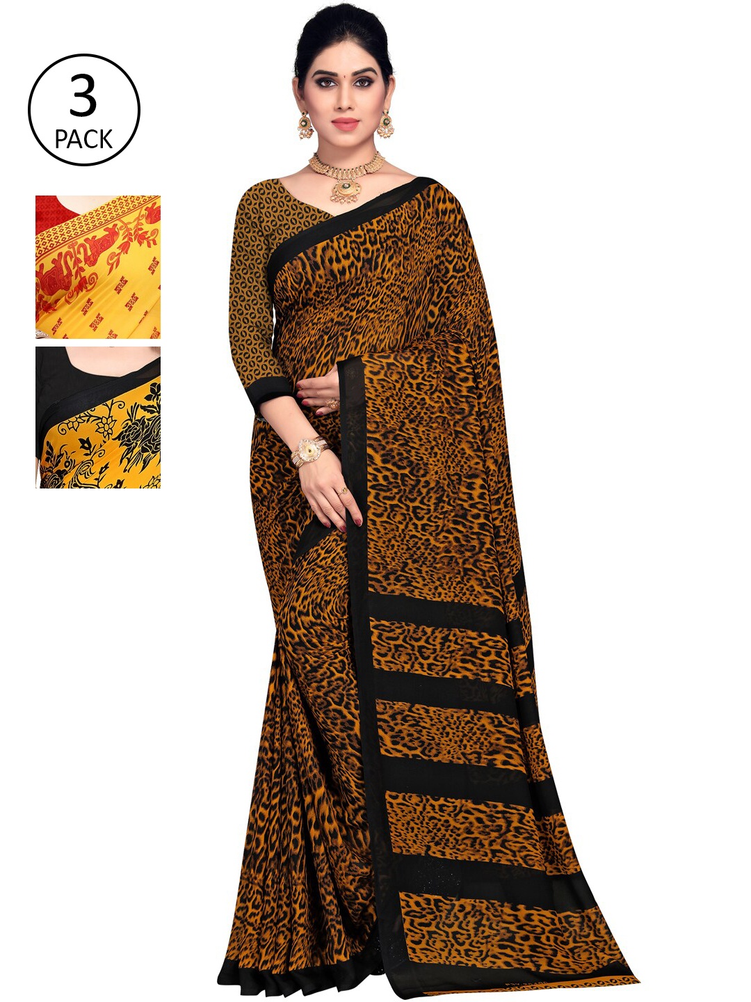 

KALINI Pack Of 3 Poly Georgette Printed Sarees, Yellow