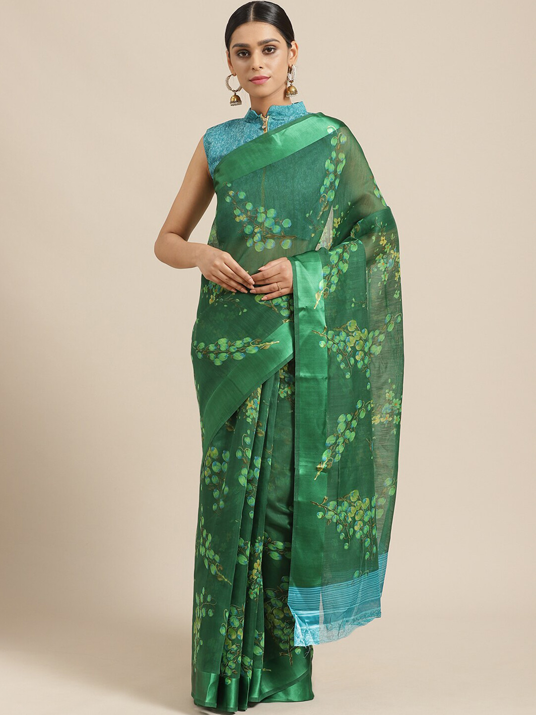 

Saree mall Green & Blue Cotton Blend Floral Sarees