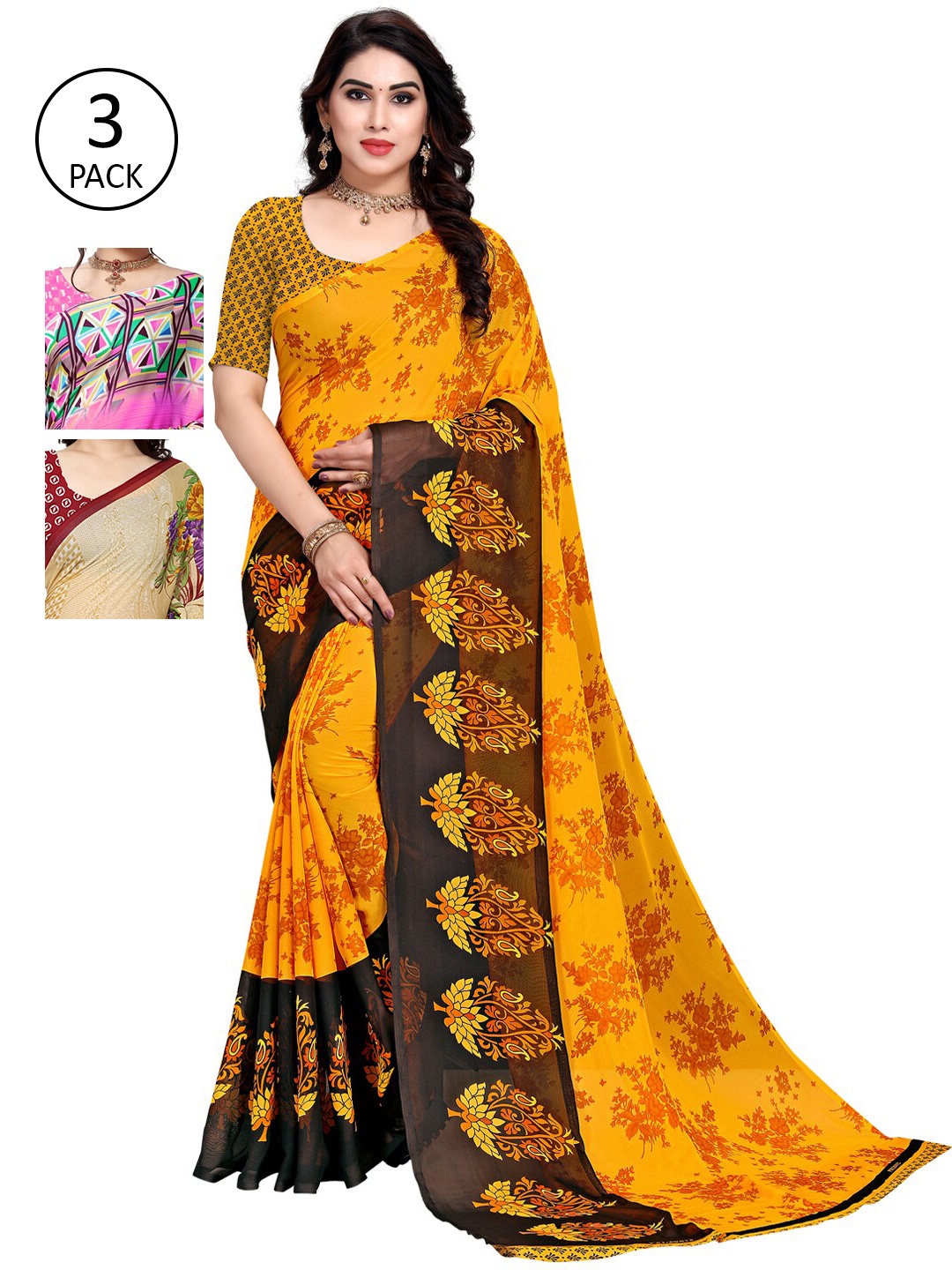 

KALINI Pink & Yellow Pack of 3 Floral Saree