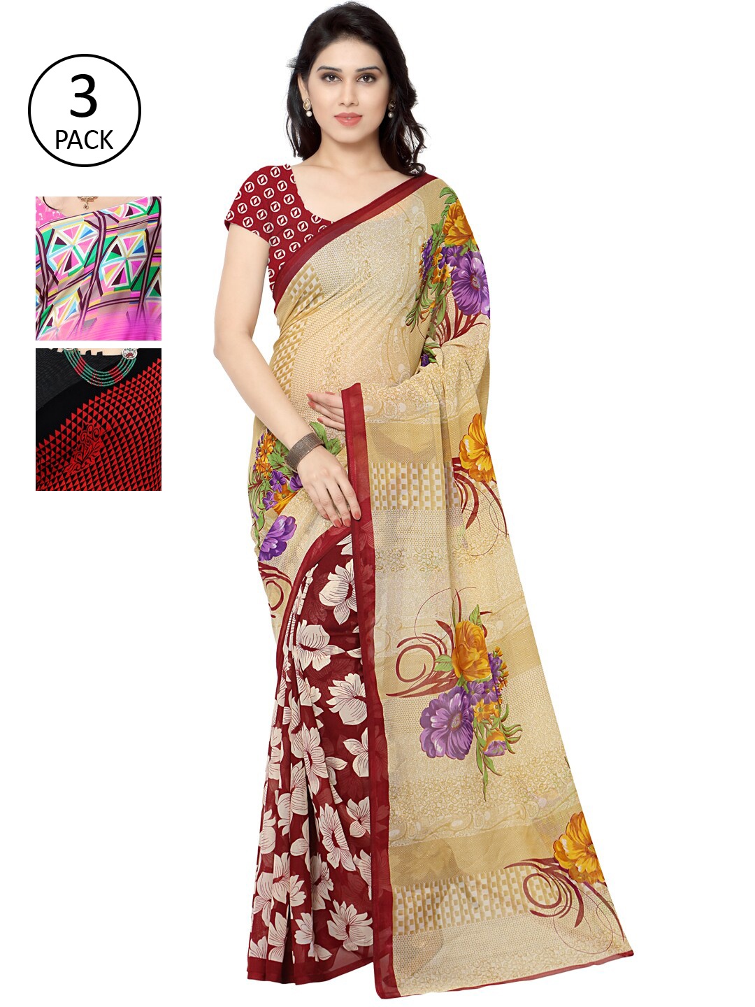 

KALINI Pack of 3 Printed Poly Georgette Saree, Pink