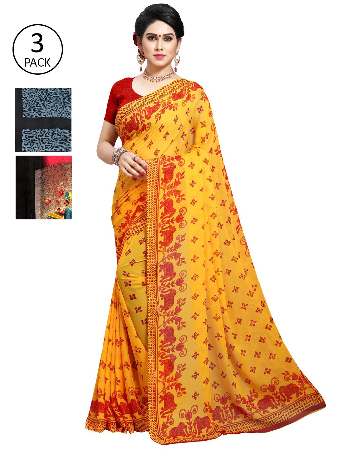 

ANAND SAREES Pack of 3 Printed Poly Georgette Saree, Yellow