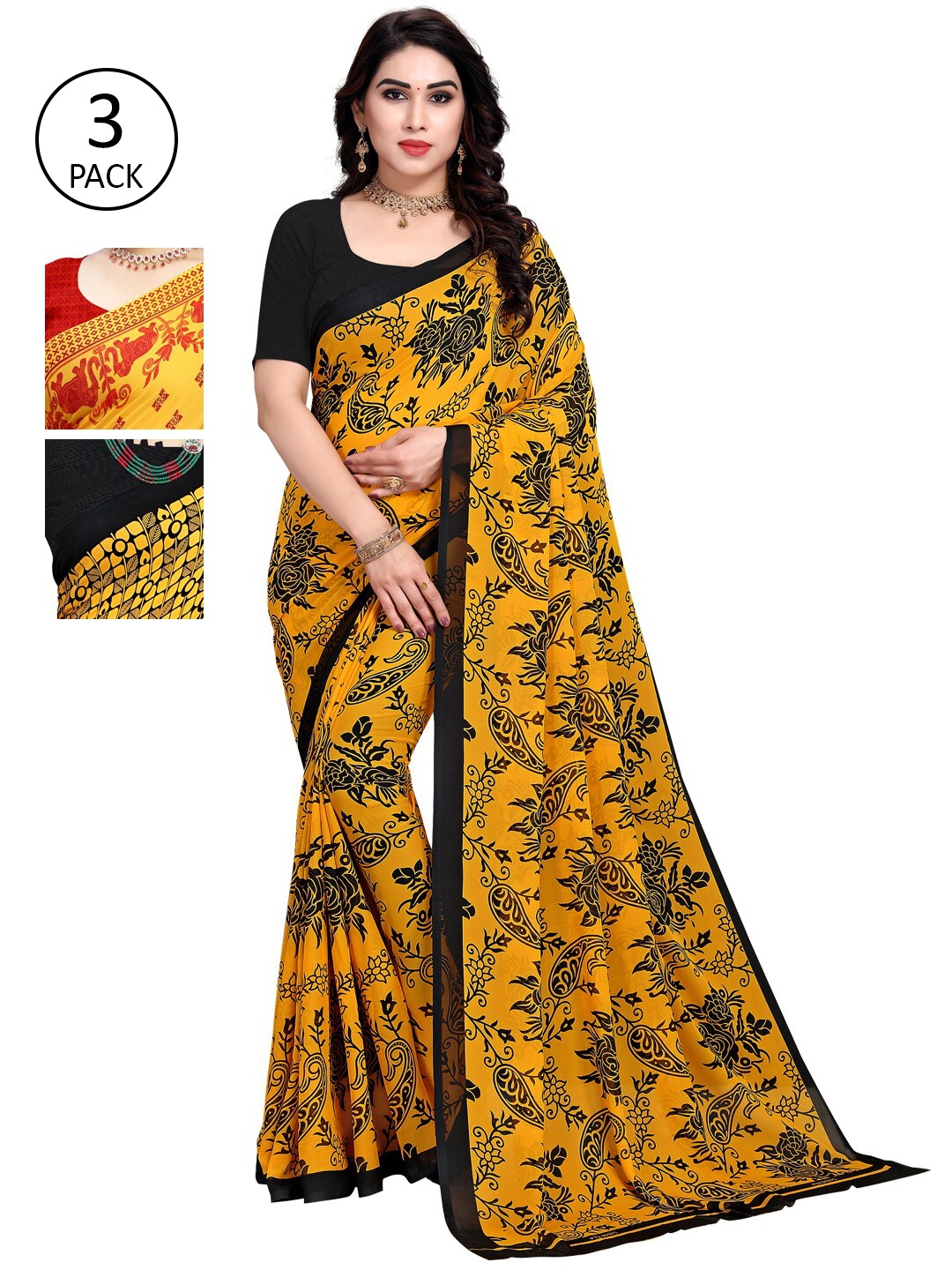 

KALINI Yellow & Red Floral Pack of 3 Saree
