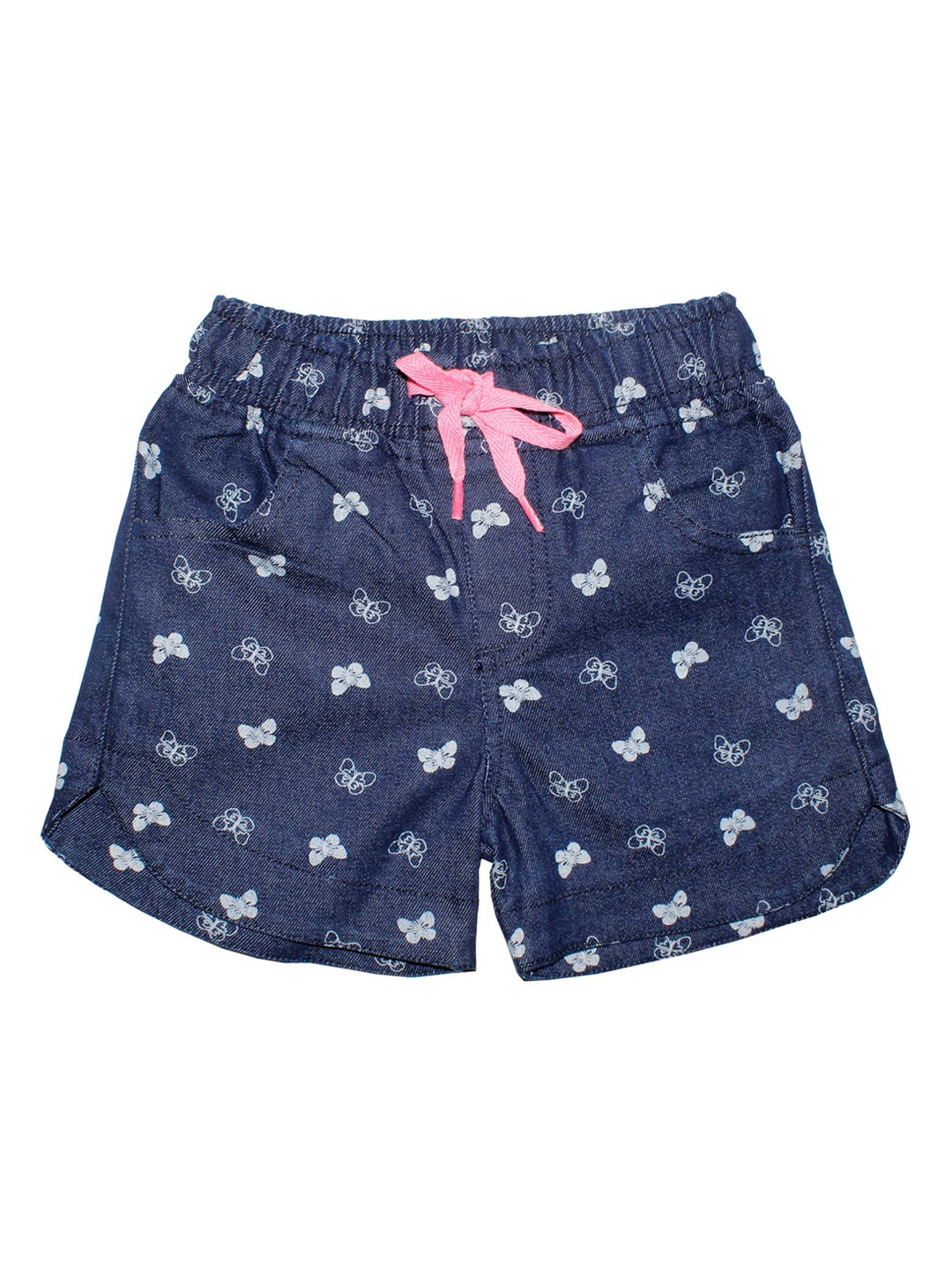 KiddoPanti Girls Blue Butterfly Printed Mid-Rise Denim Shorts