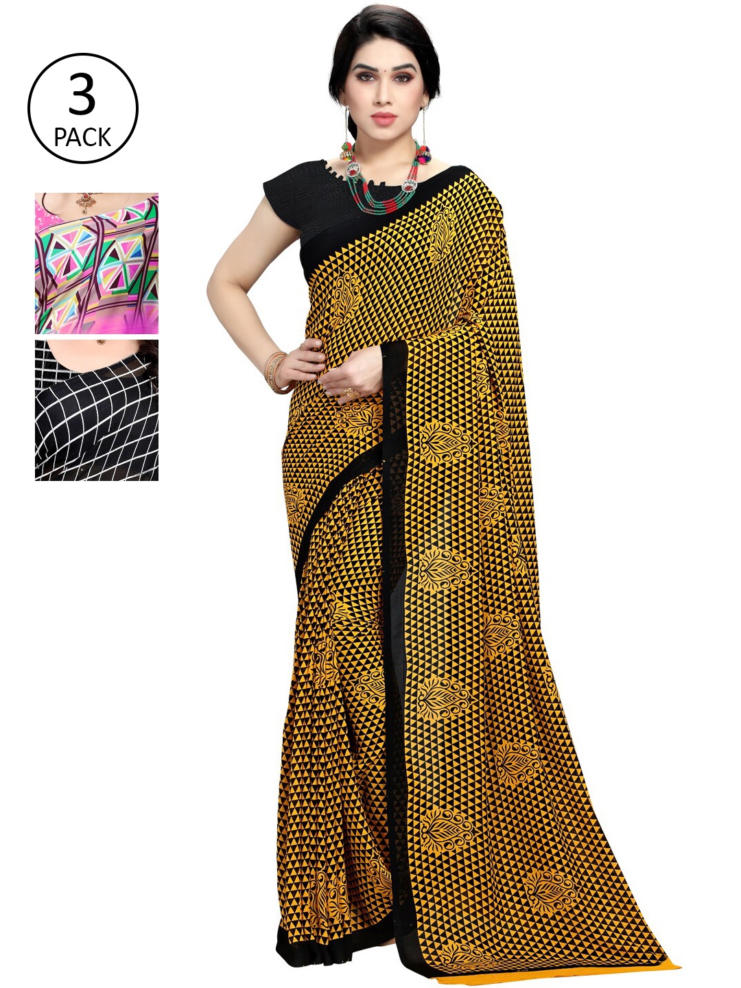 

KALINI Pack Of 3 Pink & Black Saree