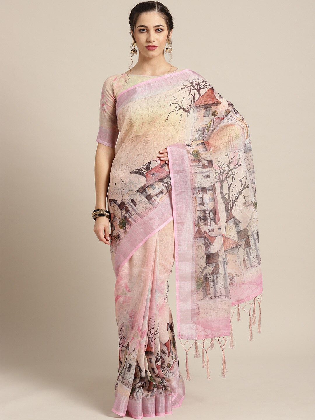 

Saree mall Peach & Green Linen Blend Sarees