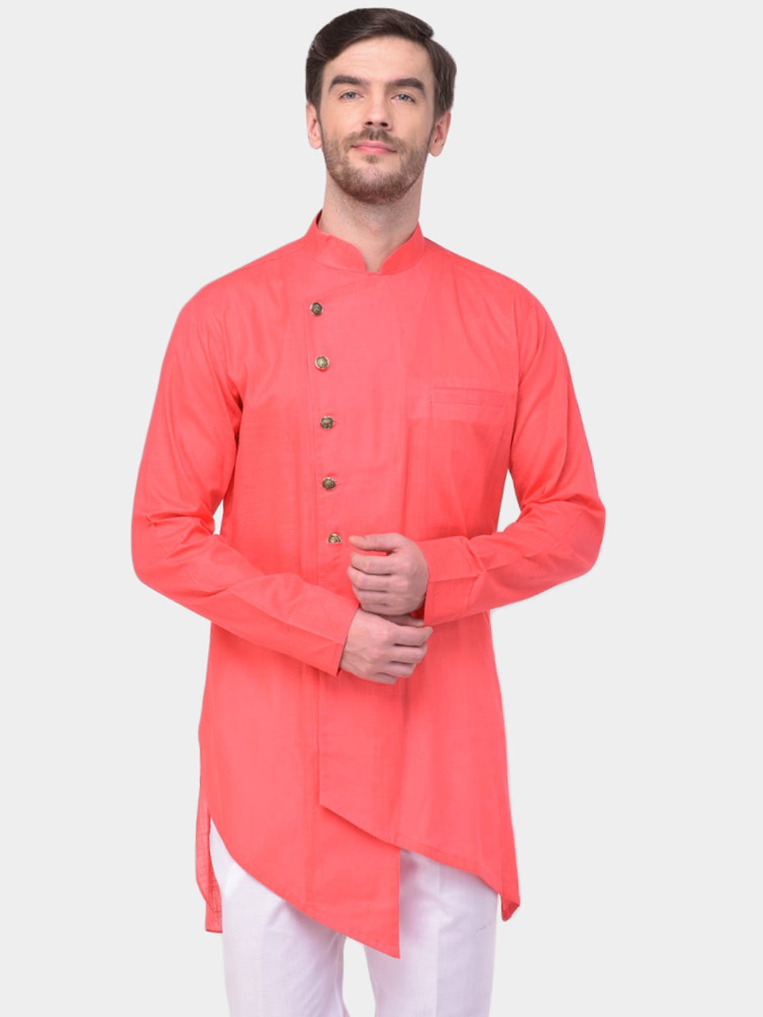 

SG LEMAN Men Peach-Coloured Thread Work Asymmetric Kurta