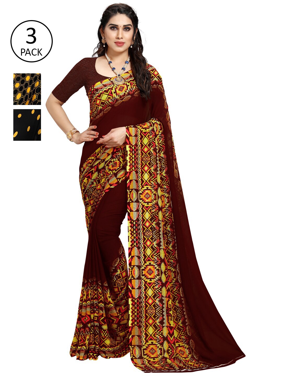 

KALINI Pack Of 3 Printed Saree, Yellow