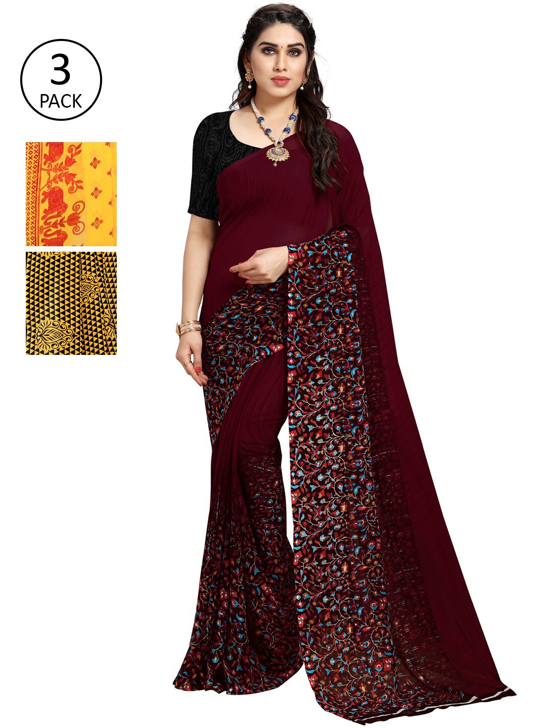 

ANAND SAREES Pack Of 3 Poly Georgette Printed Sarees, Yellow