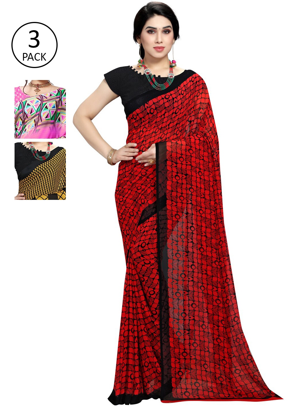 

KALINI Pack of 3 Printed Poly Georgette Saree, Pink