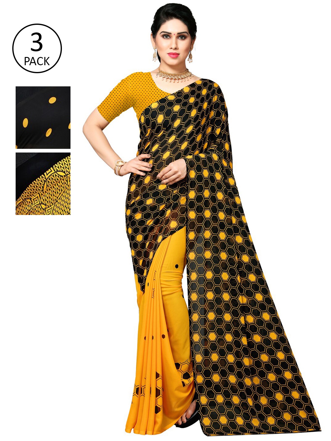 

KALINI Pack of 3 Poly Georgette Sarees, Black