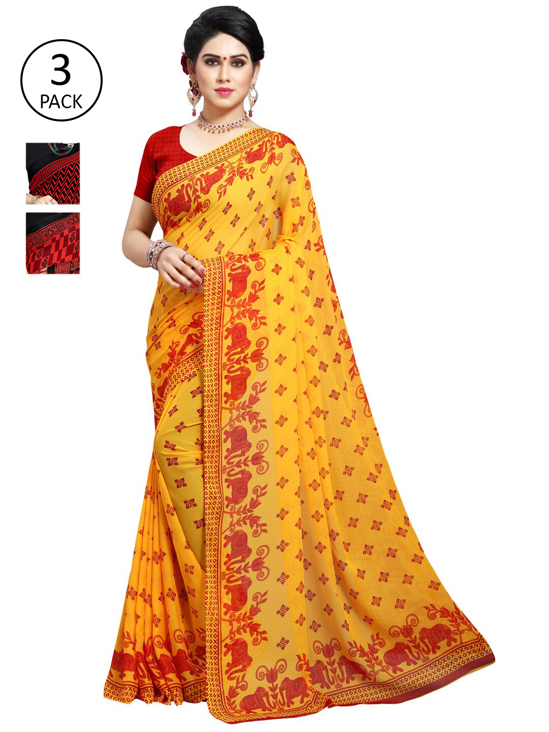 

KALINI Pack Of 3 Multi Printed Sarees, Yellow