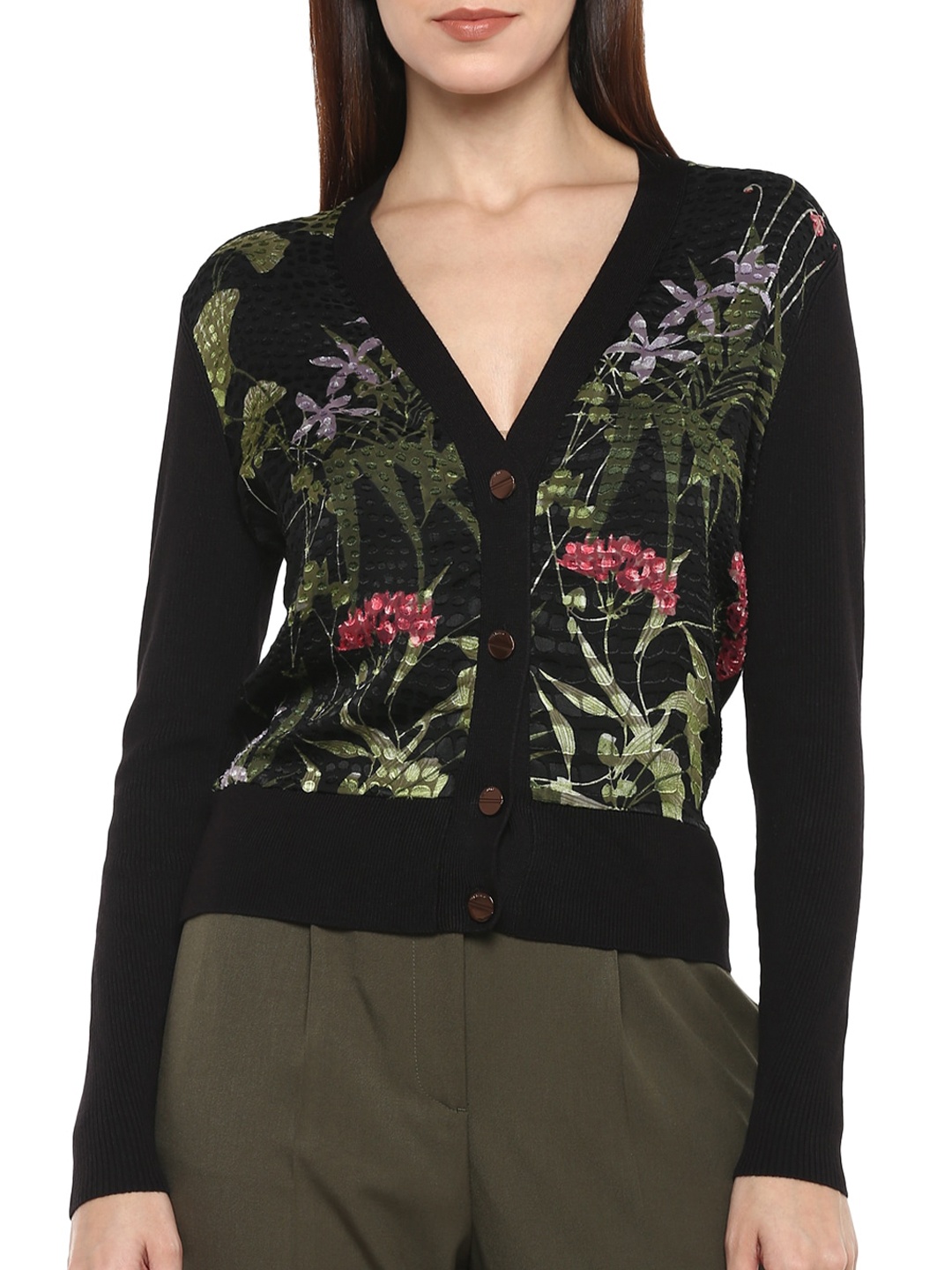 

Ted Baker Women Black & Green Floral Printed Longline Cardigan