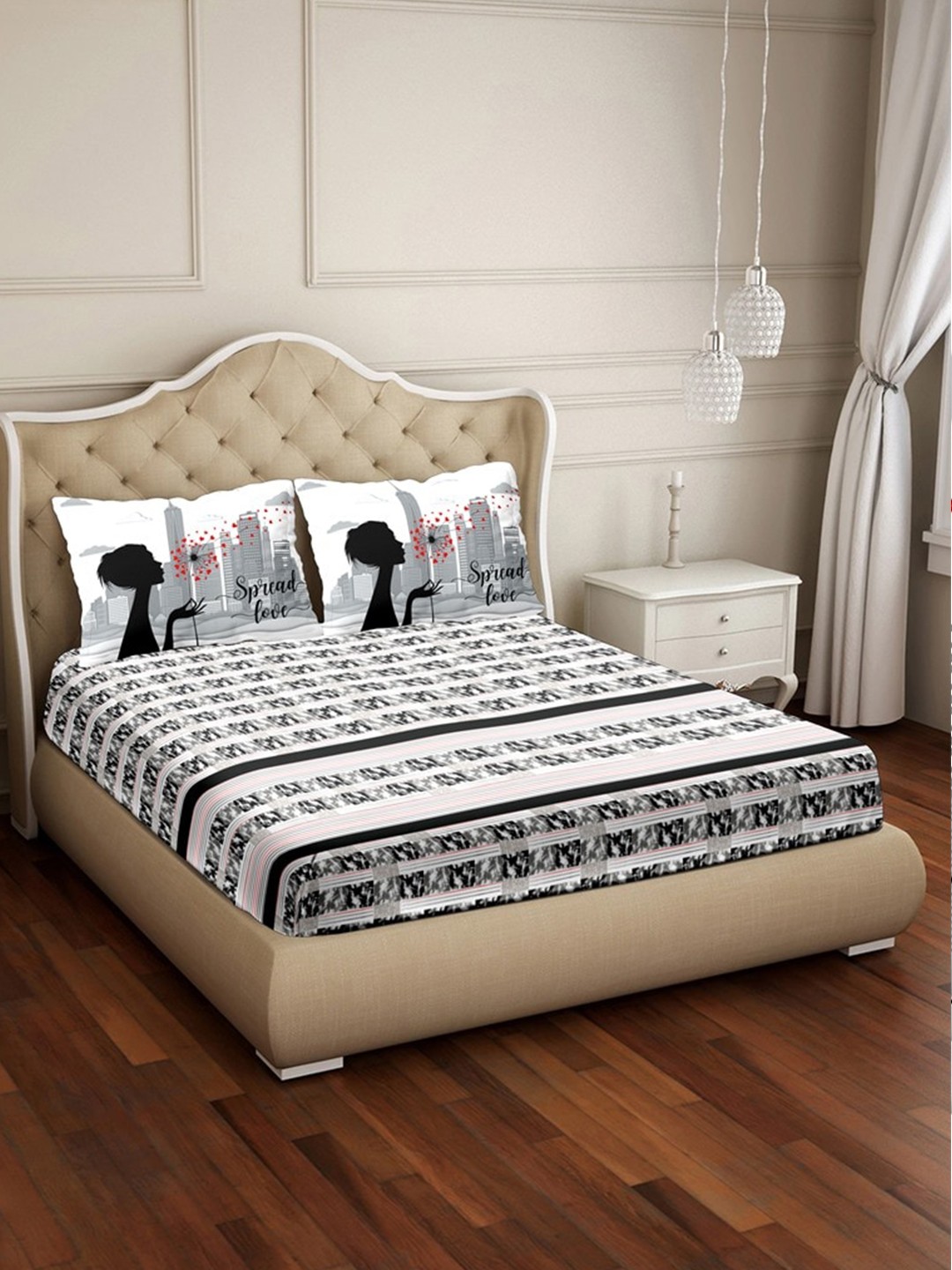 

BELLA CASA Grey & White 250 TC Cotton King Bedsheet with 2 Pillow Covers