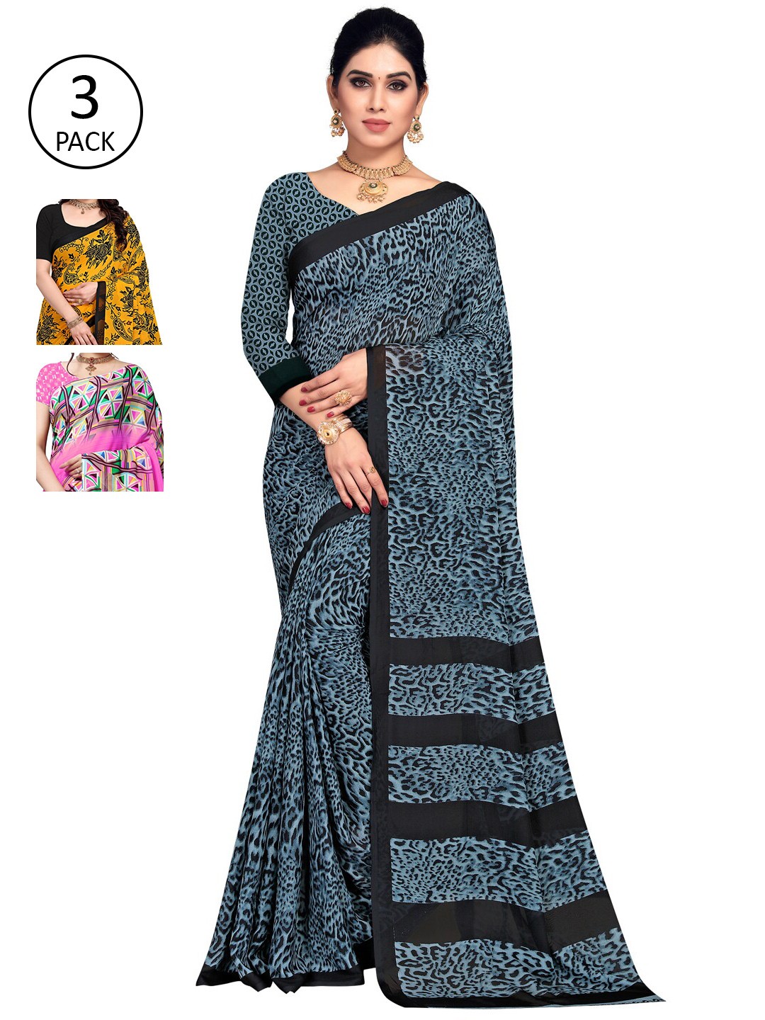 

KALINI Pack Of 3 Poly Georgette Printed Sarees, Yellow