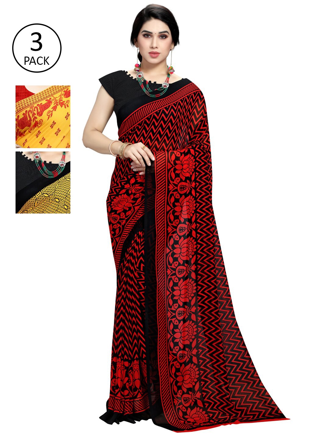 

KALINI Pack Of 3 Red & Yellow Floral Saree