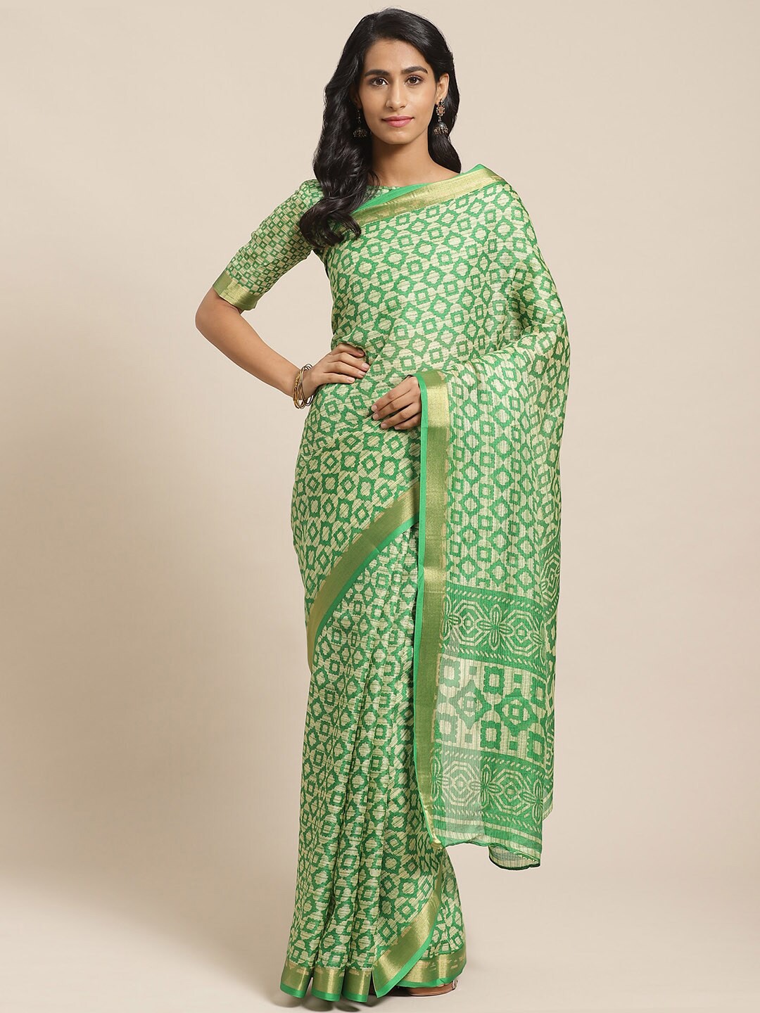 

Saree mall Green & White Zari Silk Blend Sarees