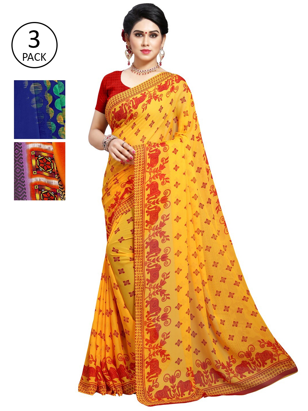 

KALINI Pack of 3 Printed Poly Georgette Saree, Yellow