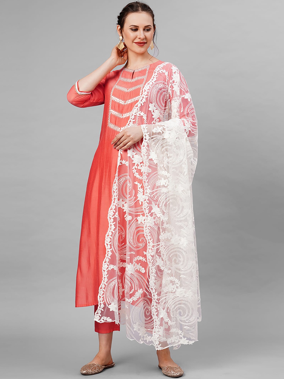 

Indo Era Women Pink Ethnic Motifs Printed Liva Kurta with Trousers & With Dupatta