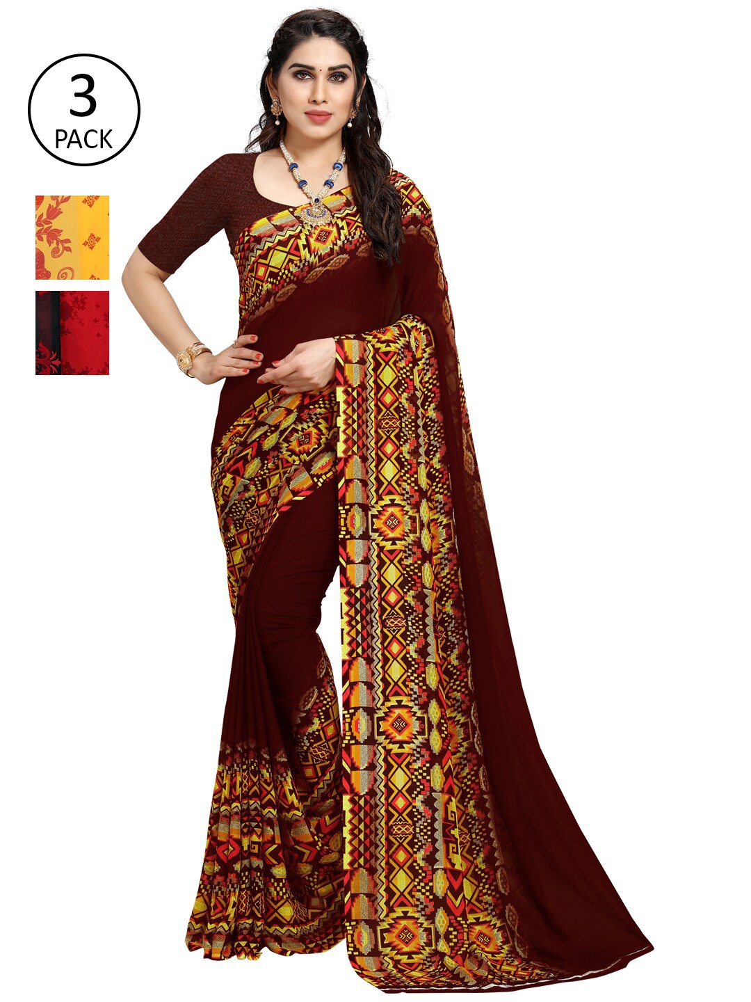 

KALINI Pack Of 3 Poly Georgette Printed Sarees, Yellow
