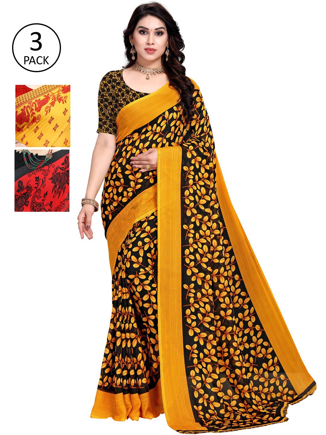 

KALINI Pack Of 3 Printed Saree, Yellow