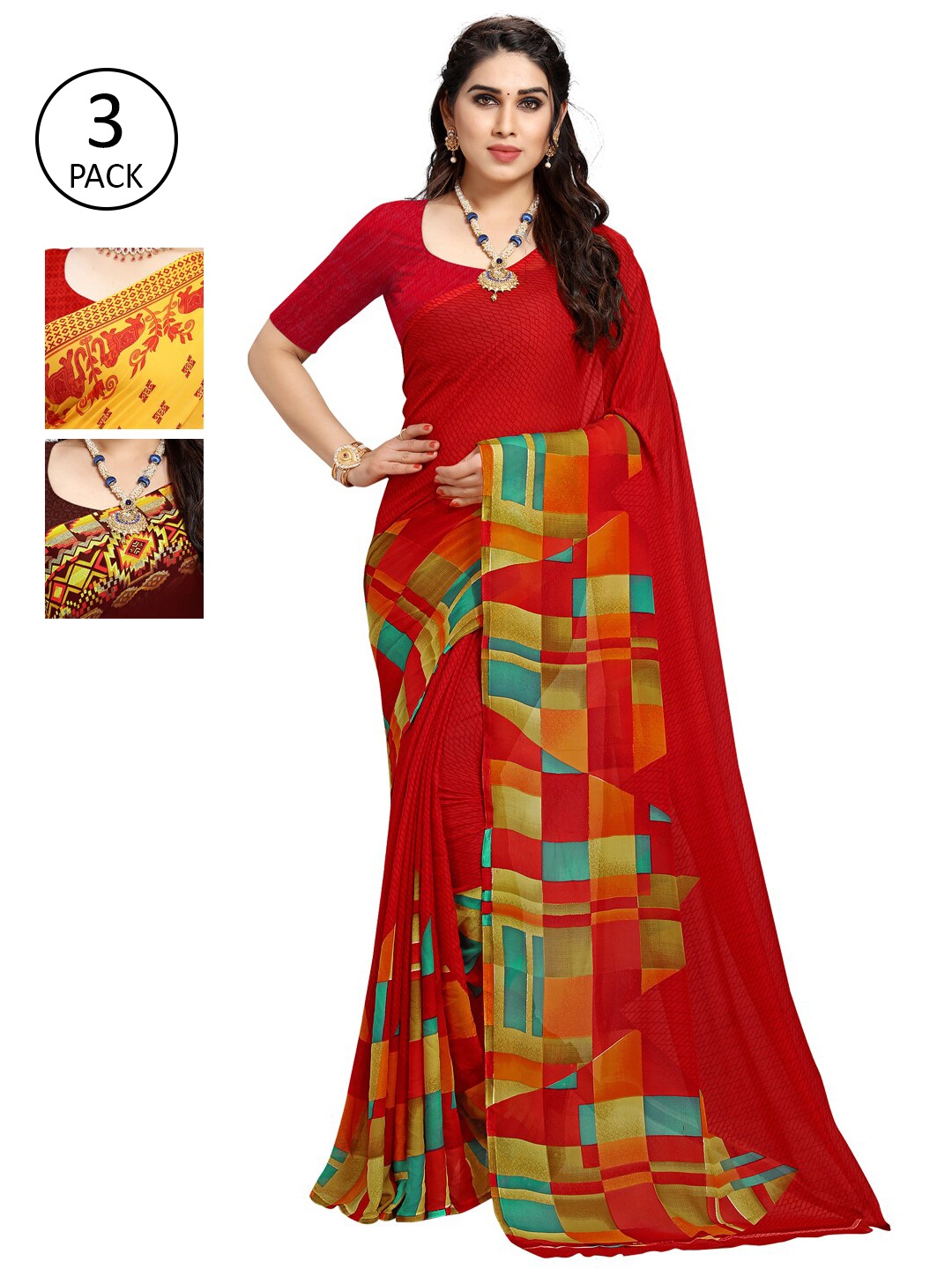 

KALINI Pack Of 3 Ethnic Motifs Sarees, Yellow