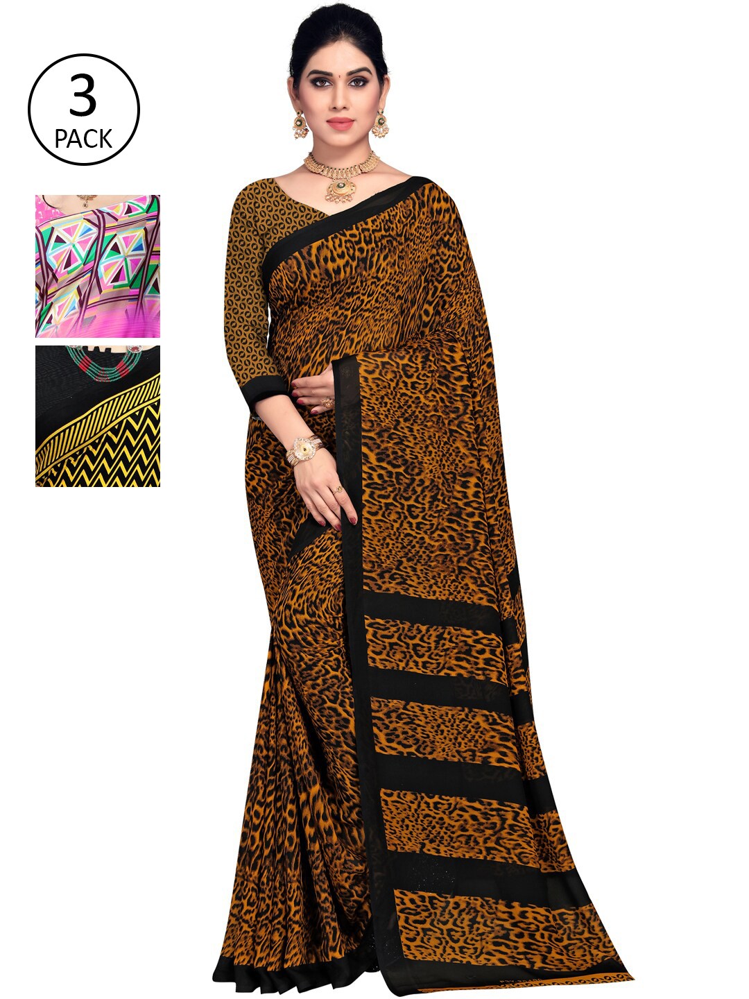 

KALINI Pack of 3 Printed Poly Georgette Saree, Yellow