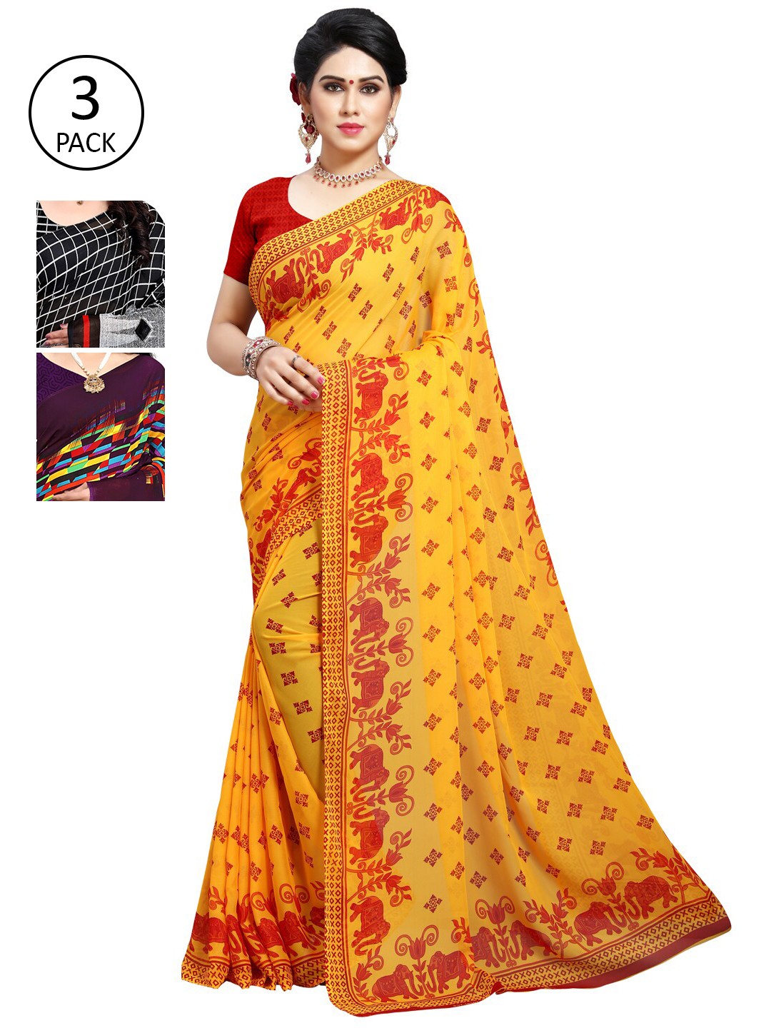 

KALINI Pack of 3 Printed Poly Georgette Saree, Multi