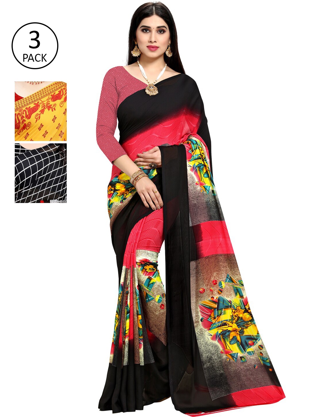 

ANAND SAREES Pack Of 3 Yellow & Red Ethnic Motifs Saree