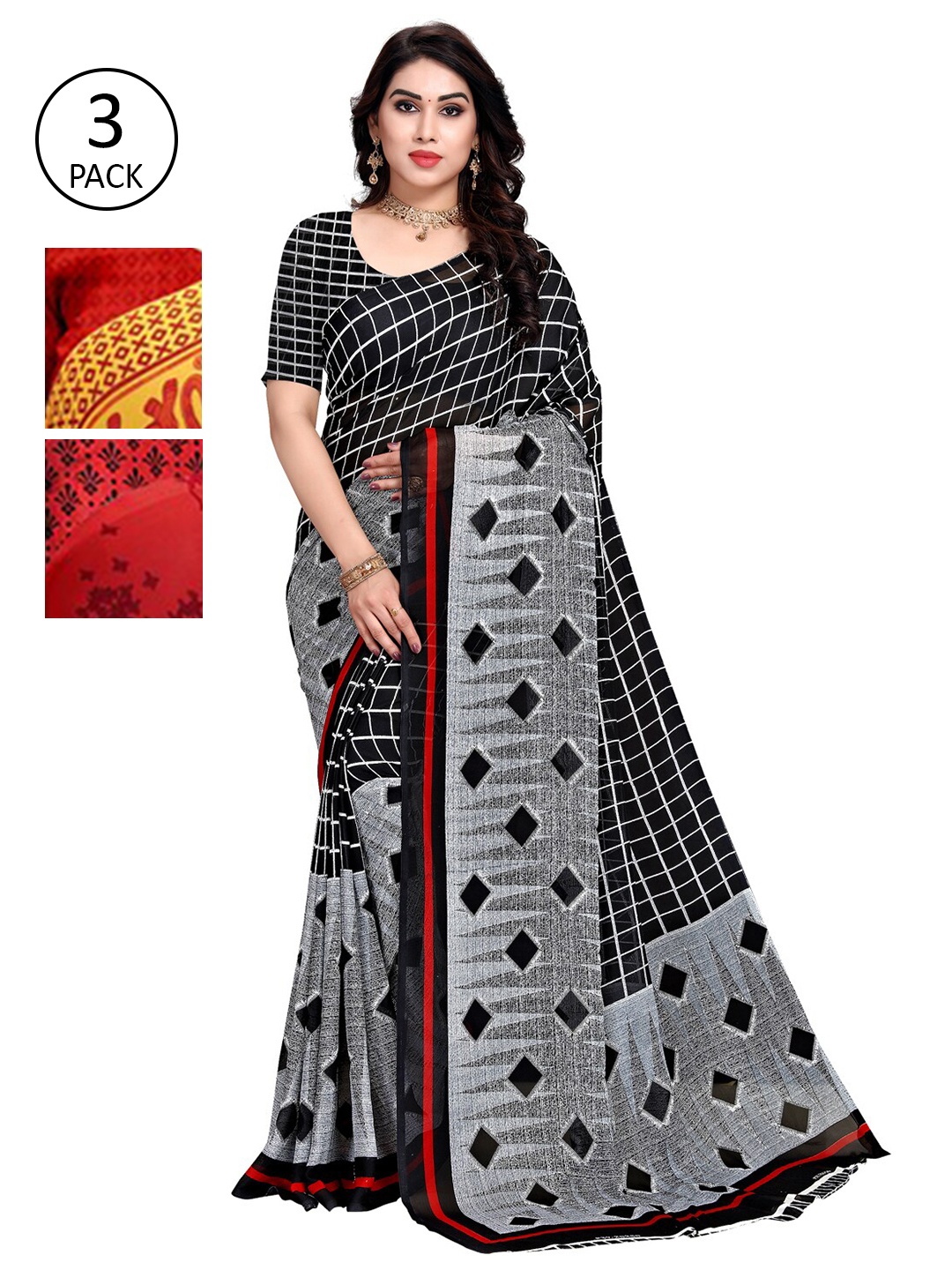 

KALINI Red Black & Yellow Ethnic Motifs & Geometric Print Saree