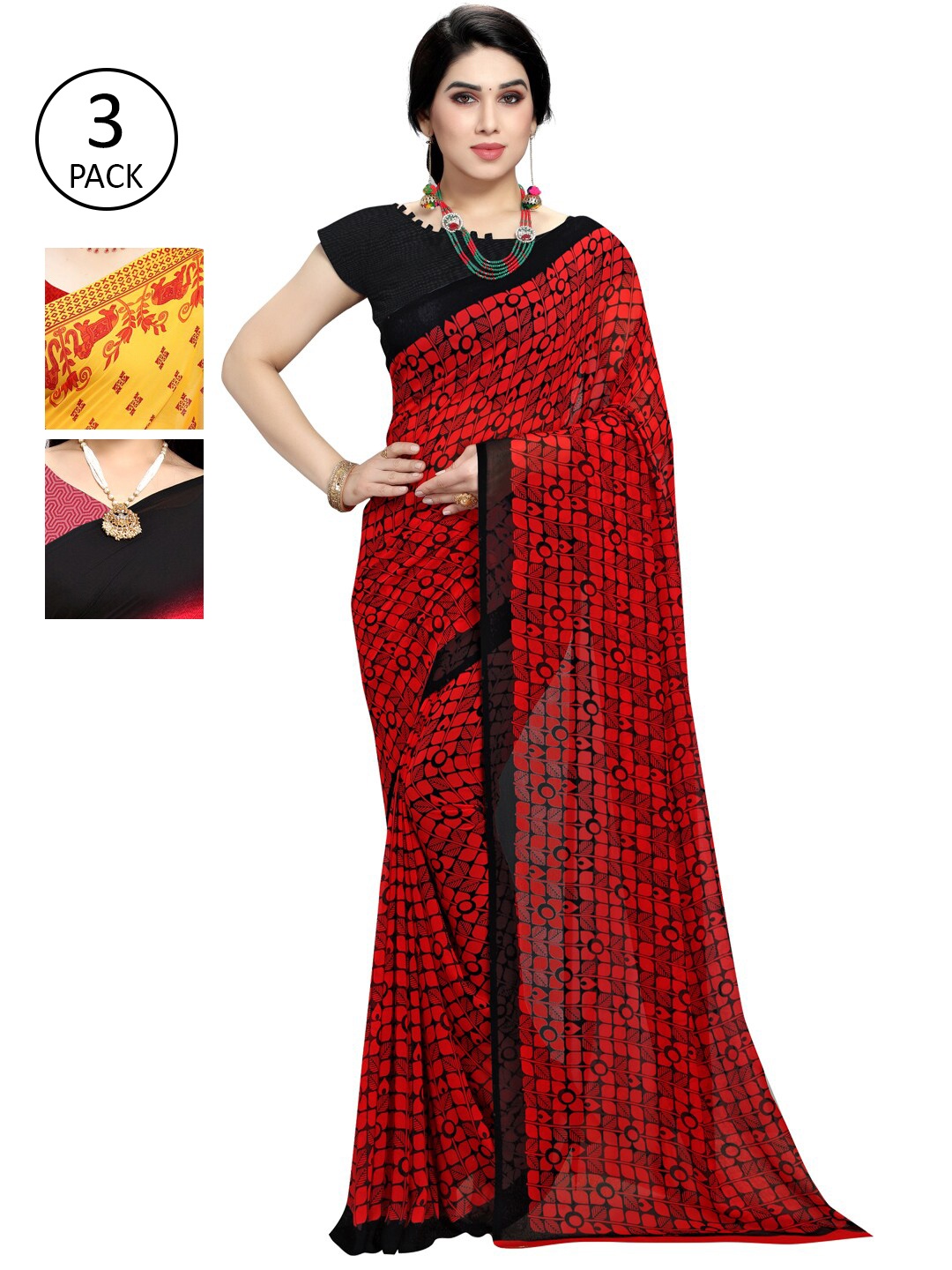 

KALINI Pack Of 3 Poly Georgette Printed Sarees, Yellow